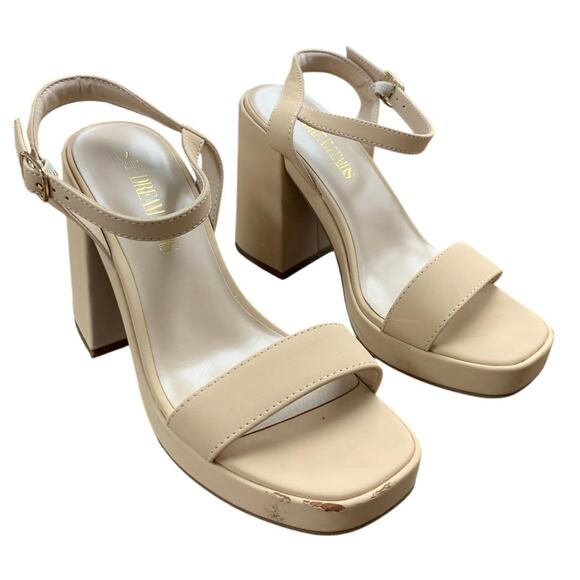 Dream Pairs Women Size 7 Tan Nude Faux Leather 4.5" Chunky Heel Open Toe Shoes - Picture 1 of 6